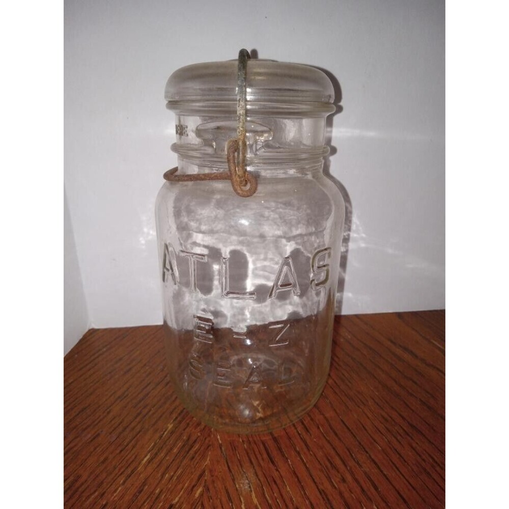 Vtg Atlas E-Z Seal Quart Canning Jar W/ Wire Bail & Glass Lid Square shoulders